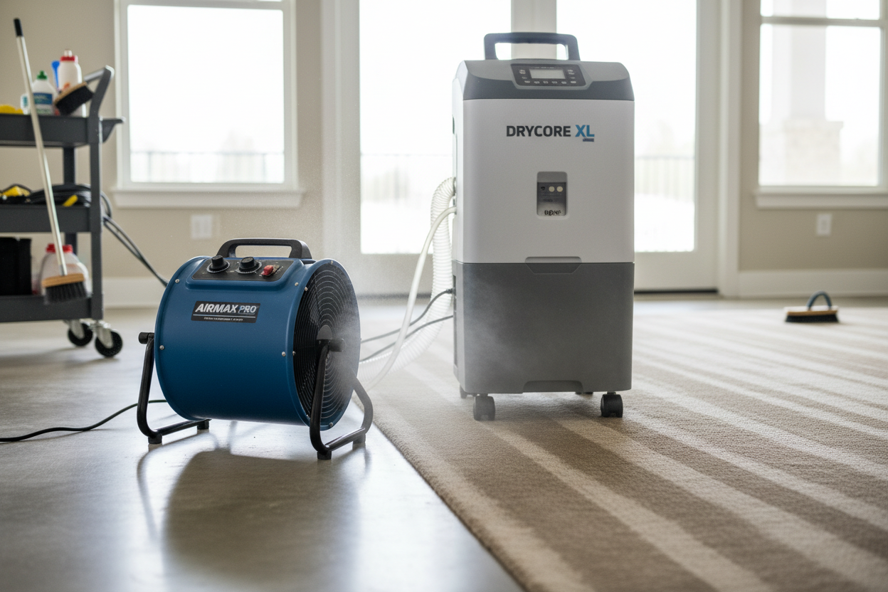 Drogen van tapijt met ventilator en ontvochtiger om schimmel te voorkomen