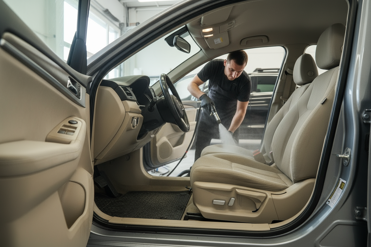 Professionele dieptereiniging auto-interieur met stoomreiniger.
