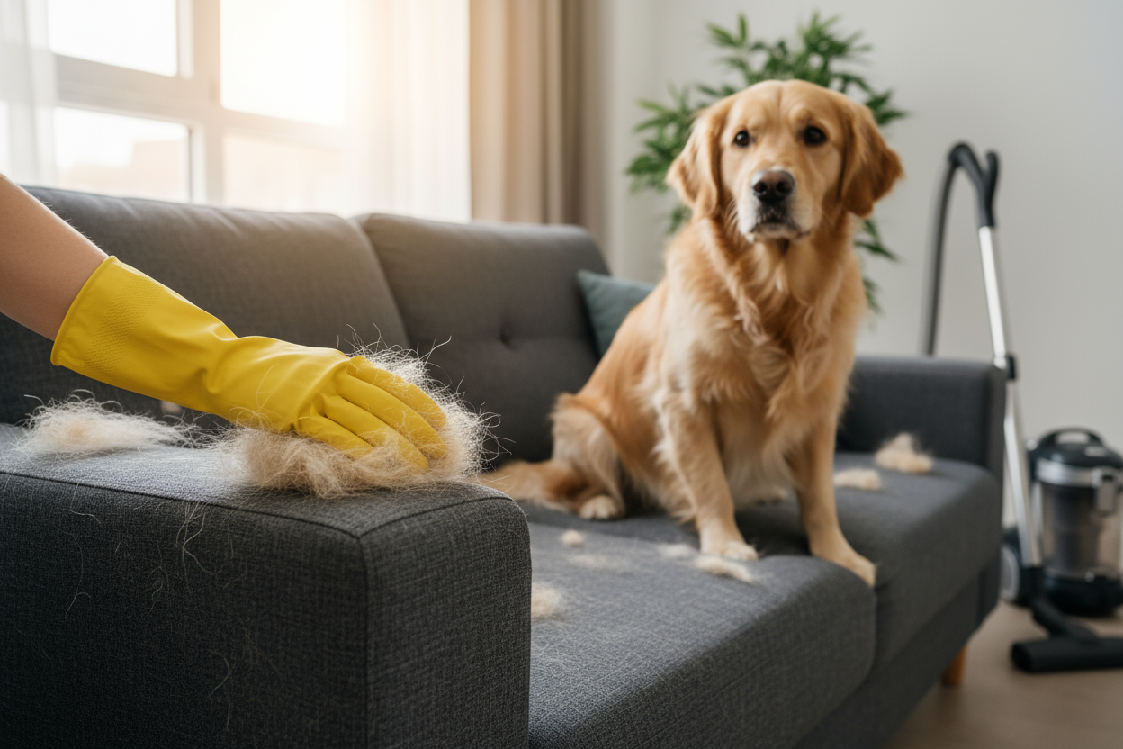 Verwijderen van huisdierharen met rubberen handschoen en stofzuiger.