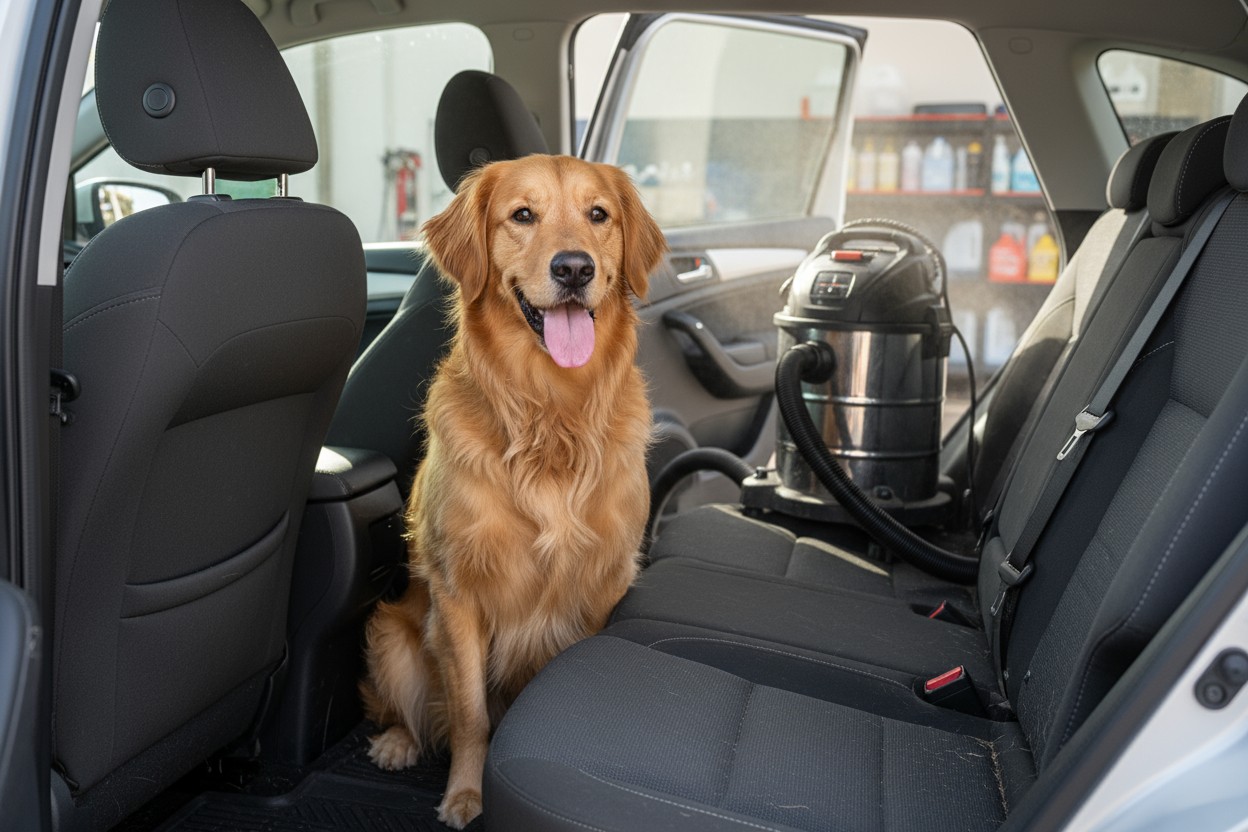 Verwijderen van dierengeur en haren uit autobekleding door schoonmaakexpert
