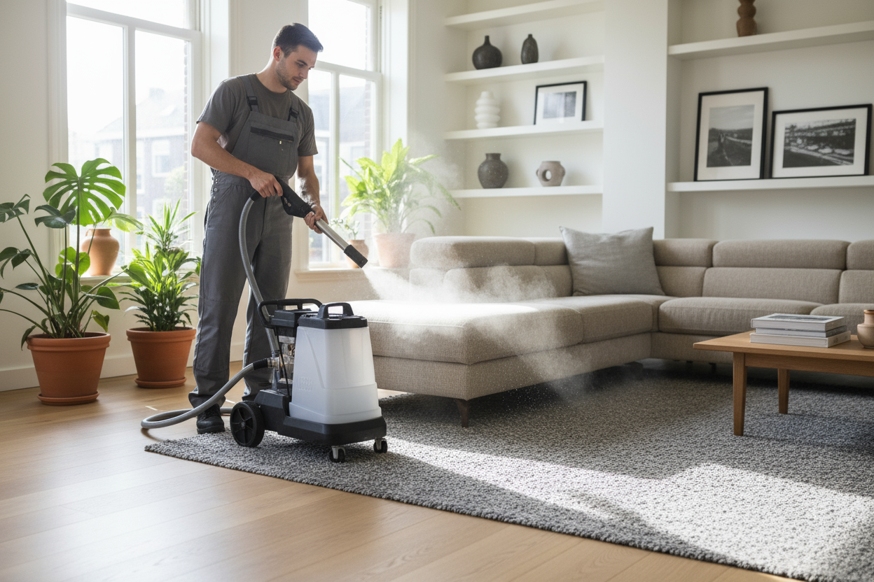 Een chemisch reiniger van meubels bereidt de apparatuur voor voordat hij een hoekbank met grijze bekleding gaat reinigen.