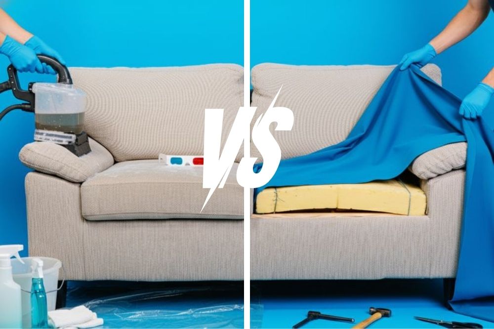 Meubelstoffering en reiniging - experts reinigen bank en voeren reparaties uit aan de bekleding.